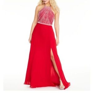 Red halter Beaded Prom Dress